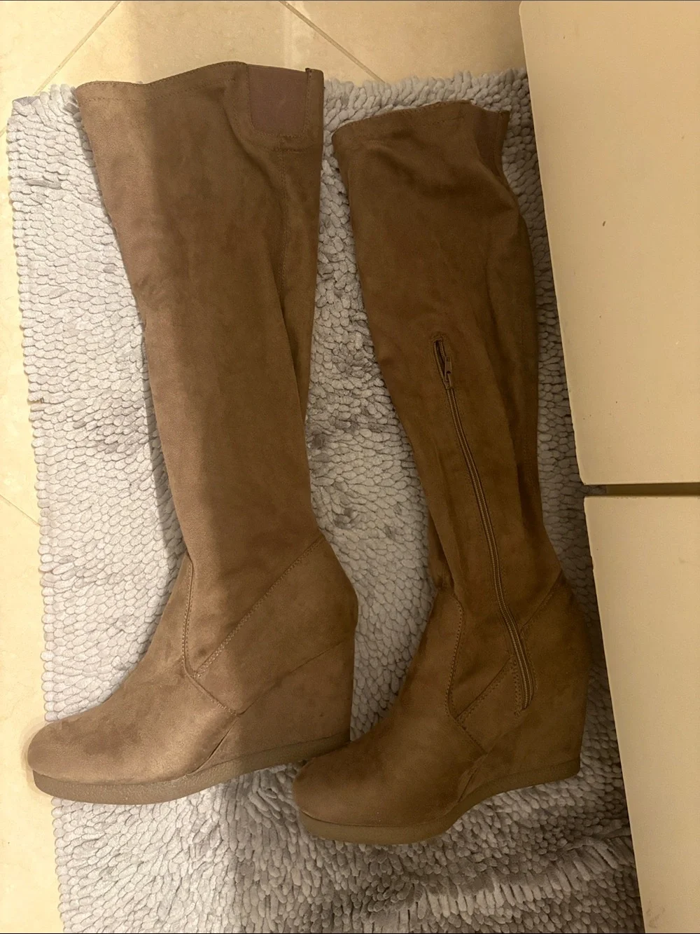 JustFab Over-the-Knee Wedge Boots in Taupe